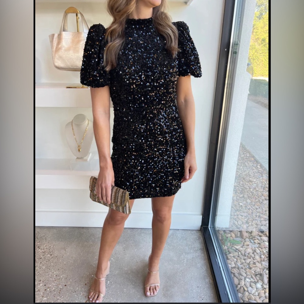 Sequin Puff Sleeve Open
Back Dress